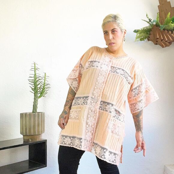 PINTUCKED 70’s 70s Vintage PEACH LACE MEXICAN Tunic Swim Cover Top Blouse Xl XXL - Picture 5 of 10